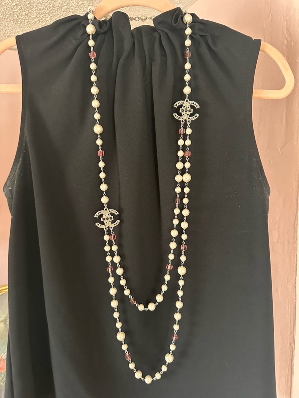 CC Silver Pearl Strand Necklace w/Double C Pendant Charm with Purple Glass Beads